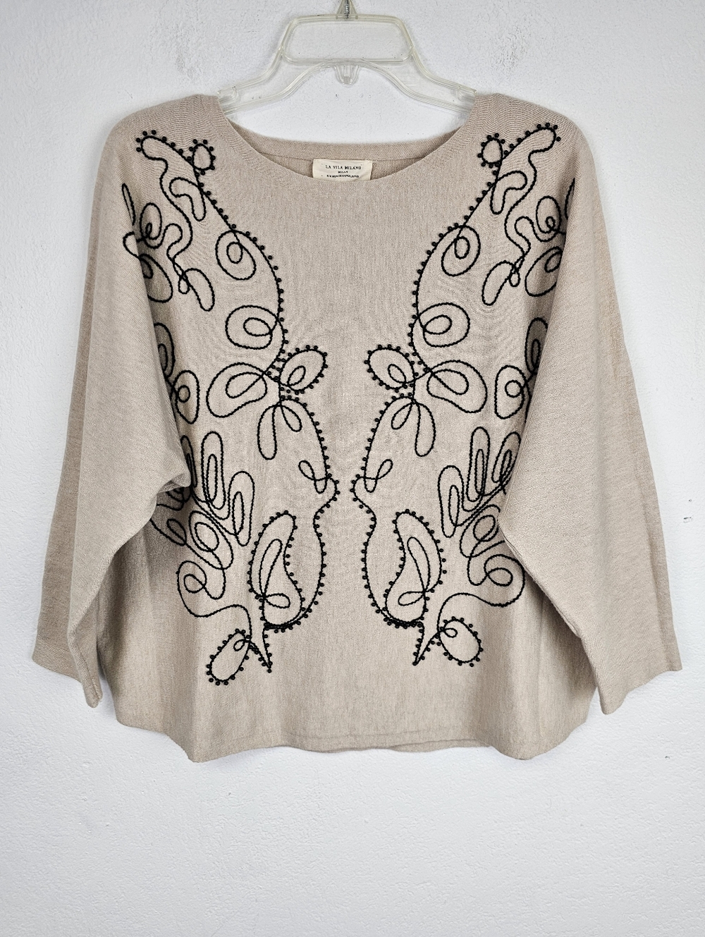 LA VILA MILANO Beige Beaded Embroidered Knit Sweater Sz L Coastal Quiet Luxury - Picture 2 of 10